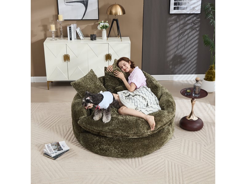  Canapé lounge xxl 1 place 190,5x138x63 cm, chaise longue ronde en polyester, assise profonde en mousse haute densité, coussins, sans montage, vert  - Conforama C