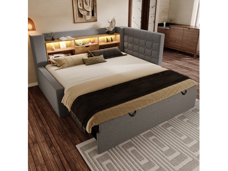  Lit gigogne 90x200 cm avec led et ports de charge en lin, bois et métal gris  - Conforama C