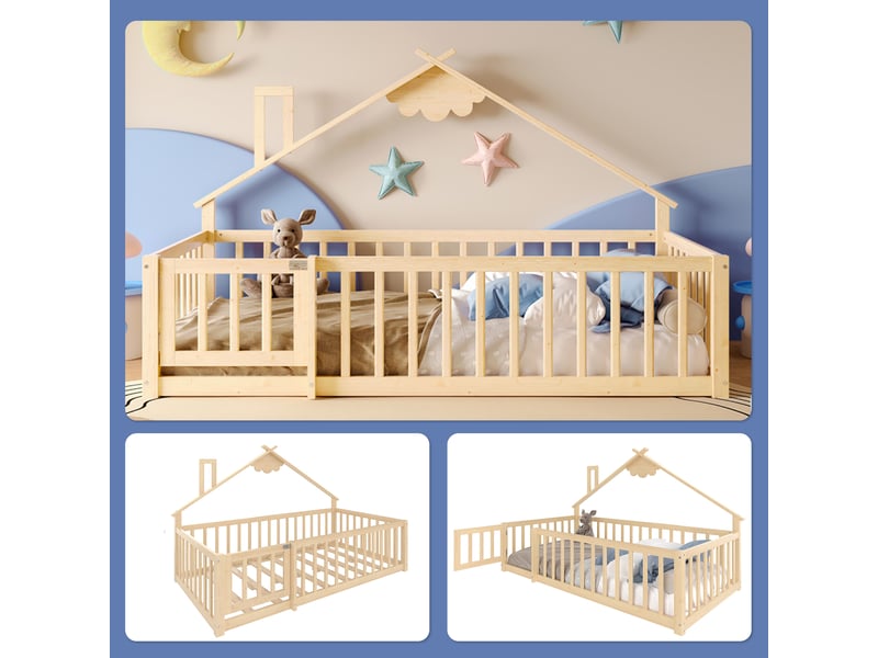  Lit plat 90x190 cm, lit enfant, barrière maison, garde-corps avec serrure, pin, naturel  - Conforama D