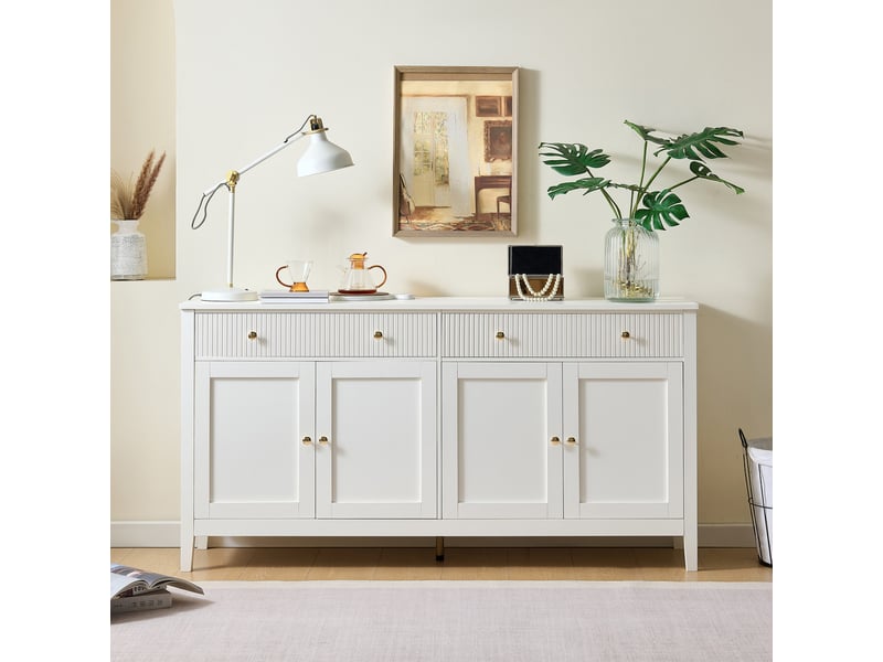 Buffet de salle à manger 160x40x82 cm, sideboard blanc 4 portes 2 tiroirs, meuble de rangement à poignées dorées - blanc  - Conforama B