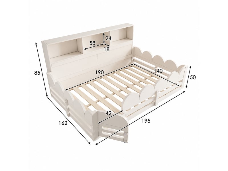 Lit enfant 140x190 cm avec barrière, portillon et étagère, bois, blanc - Conforama C