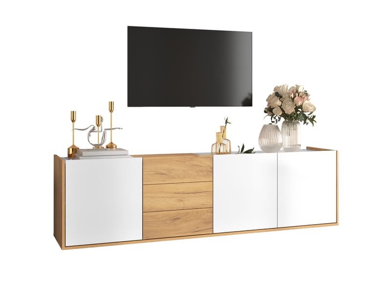  Meuble tv 3 portes, 3 tiroirs, étagères réglables, à poser ou mural, pour salon, blanc et bois, 171,5 × 35 × 47 cm  - Conforama A