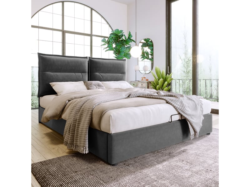  Lit coffre 140x200 cm velours gris — tête de lit réglable, rangement hydraulique et matelas inclus  - Conforama B