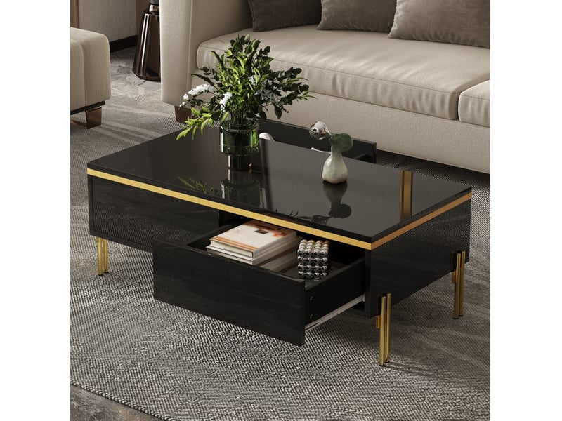 Table basse rectangulaire 100 x 50 x 36 cm, 2 tiroirs, noir, panneaux brillants  - Conforama E