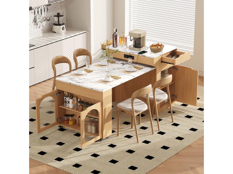  Ilot central de cuisine - 80x55x93cm - desserte extensible avec table, prises, riffglas et roulettes - bois naturel  - Conforama D