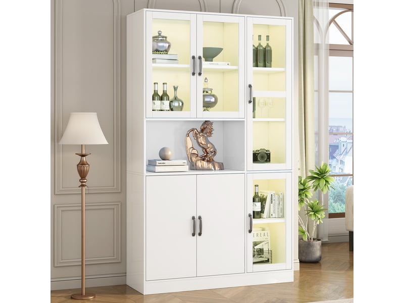 Vitrine avec 2 portes, 4 étagères réglables et led pour salon 120×40×200 cm en mdf blanc - Conforama B