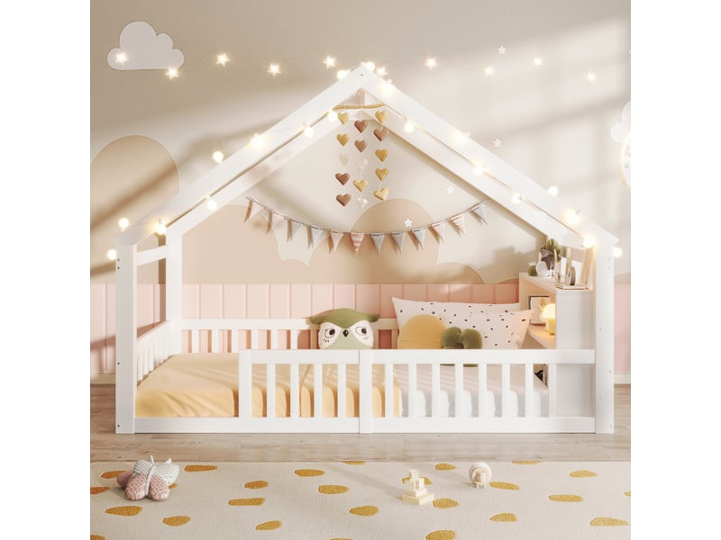  Lit 90x190 cm, lit enfant, avec sommier, forme de cottage, style épuré, structure en bois et mdf, blanc, sans matelas  - Conforama B