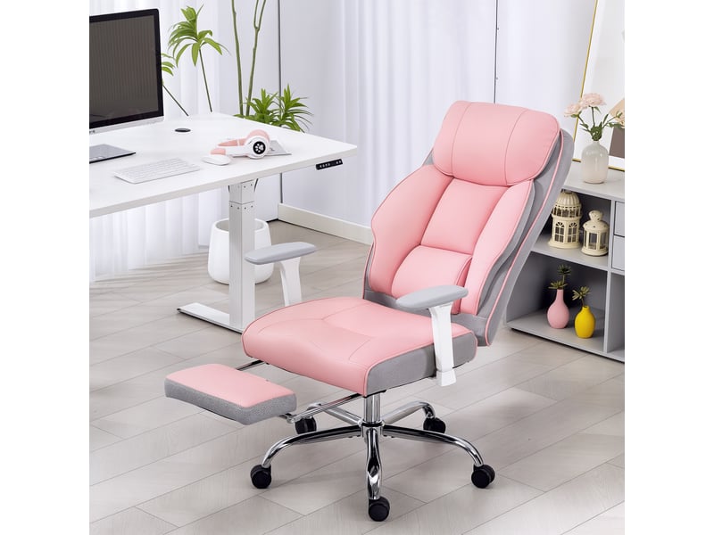  Chaise de bureau ergonomique avec accoudoirs, repose-pieds et appui-tête réglables, rose  - Conforama D