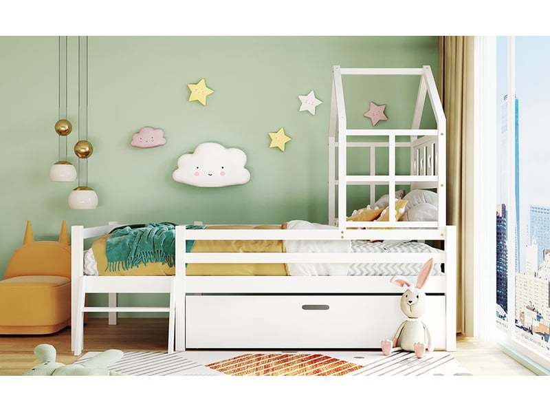  Lit enfant 90x200 cm – lit simple avec cadre bois, échelle et tiroirs – sans matelas – blanc  - Conforama E