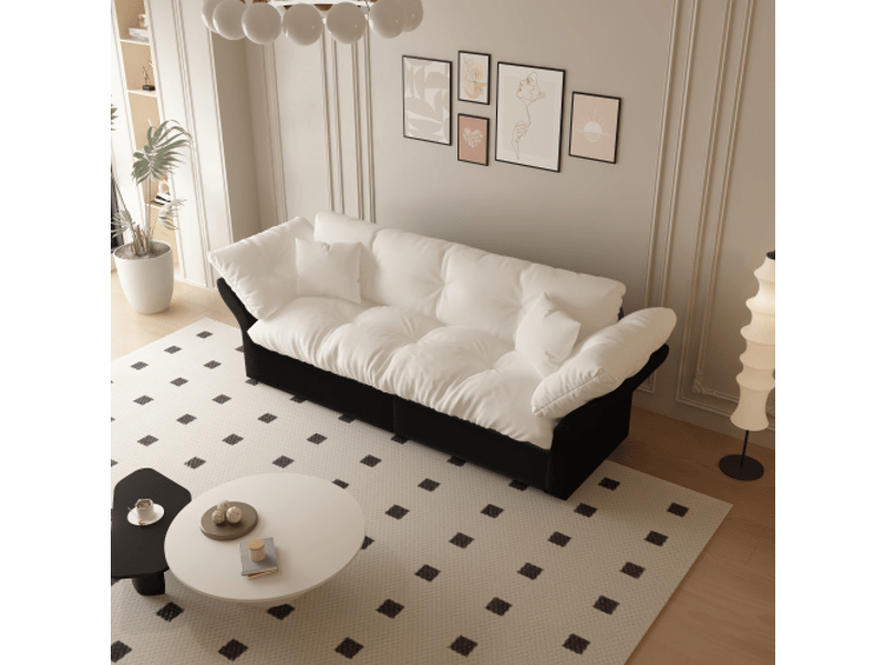  Canapé-lit 190 cm convertible 3-en-1, velours touffeté beige et blanc, 2 coussins  - Conforama E