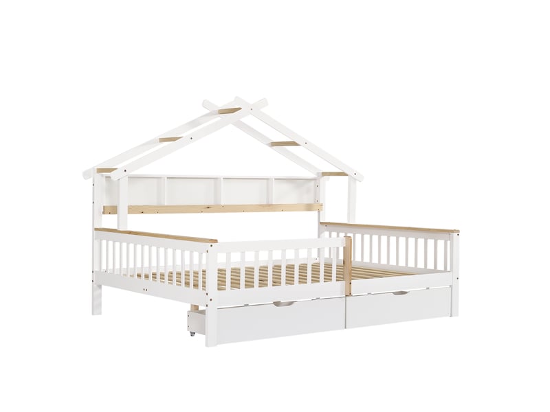 Lit cabane 140 x 200 cm avec tiroirs, blanc et bois naturel - Conforama W