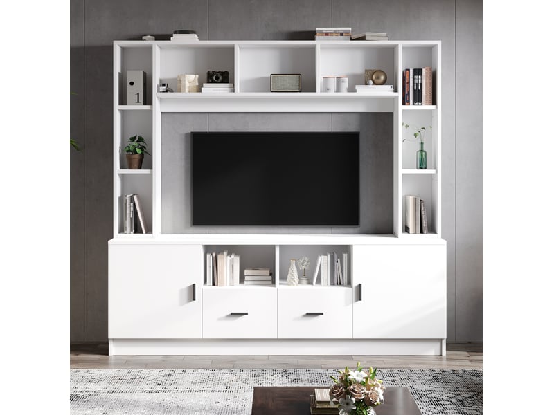  Ensemble mural tv modenvie blanc 180 x 35 x 170 cm avec 2 placards, 2 tiroirs et 11 compartiments  - Conforama B