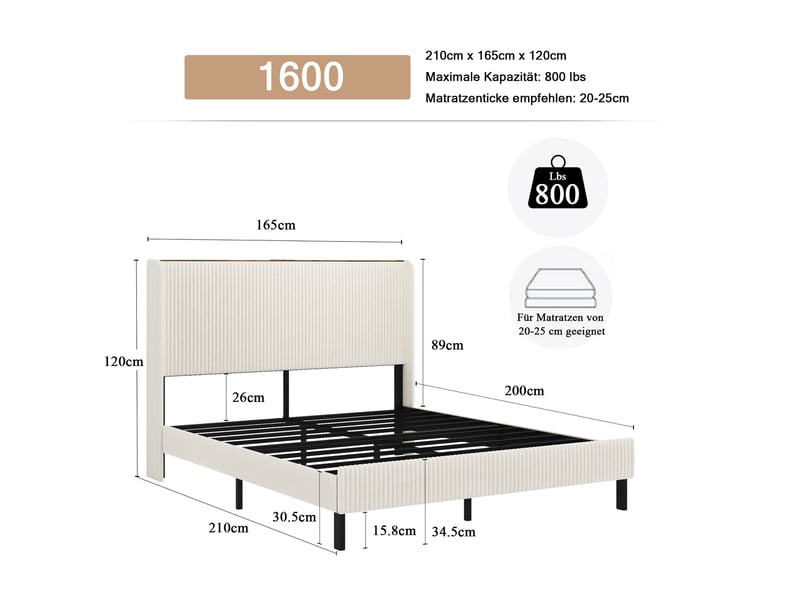  Lit 2 places, 160x200 cm, structure de lit, sommier, espace nuit, matelas non inclus, métal, coloris beige et crème  - Conforama C