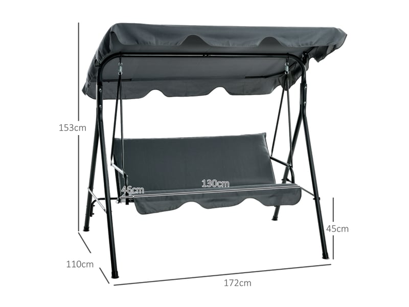  Balancelle 3 places avec auvent réglable et coussins, en acier et polyester, 172 x 110 x 153 cm, grise  - Conforama C