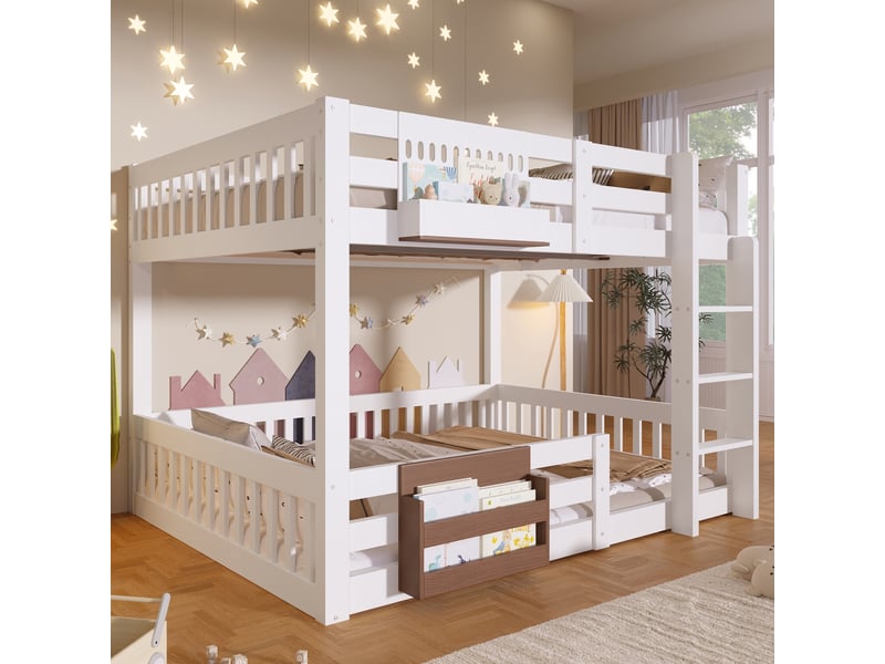  Lit superposé enfant 140x200 cm avec rangements, garde-corps de sécurité et échelle intégrée, métal, mdf et pin, blanc Sol Morn - Conforama D