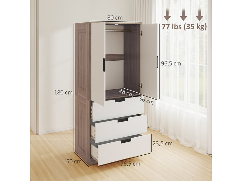  Armoire à deux portes, armoire moderne avec 3 tiroirs et tringle à vêtements pour la chambre, marron  - Conforama E