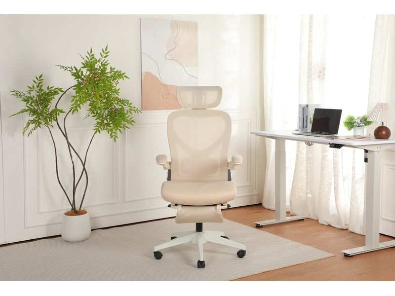 Chaise de bureau ergonomique avec appuie-tête 3d et accoudoirs rabattables, en mousse crème, 62 × 48,5 × 129 cm - Conforama B