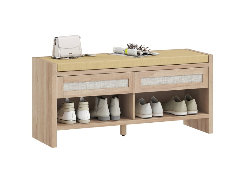  Banc chaussures entrée, banc de rangement, assise rembourrée en lin, 2 tiroirs en rotin et étagère ouverte, chêne  - Conforama A