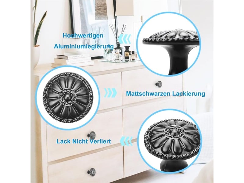 Ensemble de 10 boutons de porte d'armoire noirs de 30 mm, boutons ronds vintage pour tiroirs, boutons de commode noirs, jeu de boutons pour armoires. - Conforama E