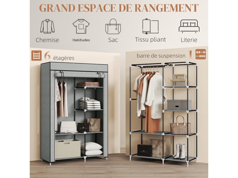  Armoire penderie 6 étagères 1 barre tissu non tissé acier gris clair 103x43x162,5 cm  - Conforama D