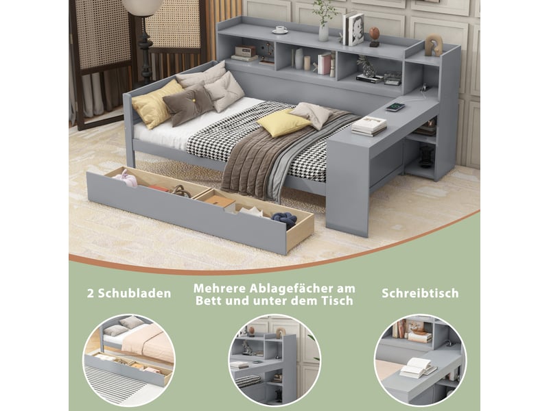  Lit banquette 90x200 gris avec bureau intégré, 2 tiroirs, port usb et prises - structure bois mdf  - Conforama E