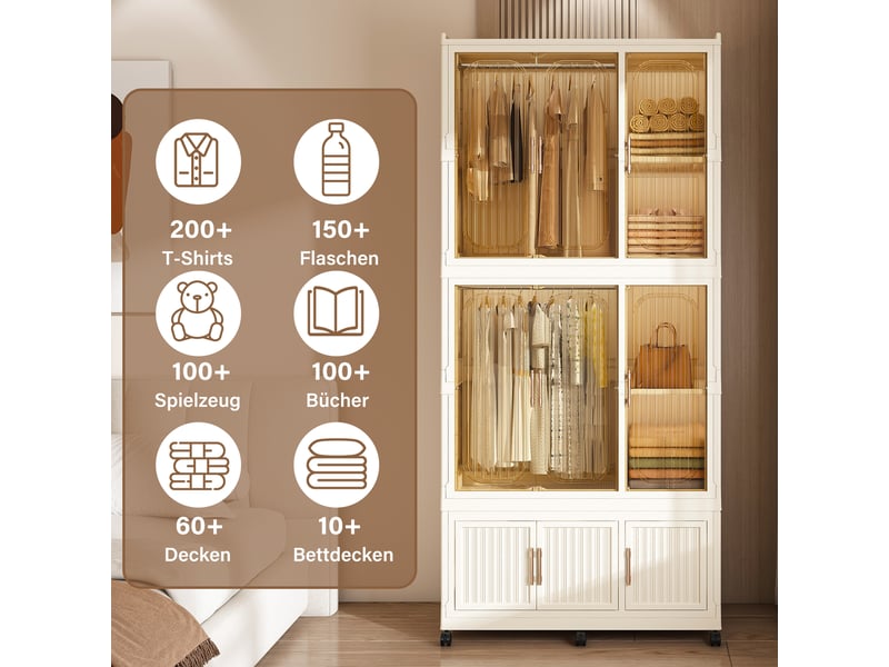  Armoire modulaire en polypropylène avec 9 portes magnétiques, 2 penderies et 6 roulettes verrouillables pour chambre  - Conforama E