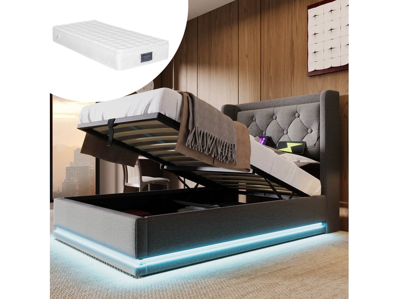  Lit coffre 90 x 200 cm gris en coton avec matelas, led et ports usbtype-c  - Conforama C
