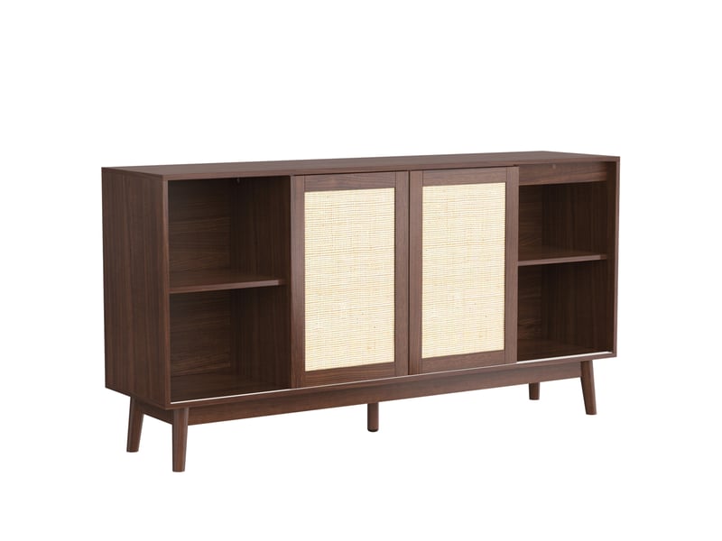  Buffet 155 x 38 x 80 cm bois foncé mdf et panneaux de particules, 3 portes coulissantes et 2 tiroirs  - Conforama D
