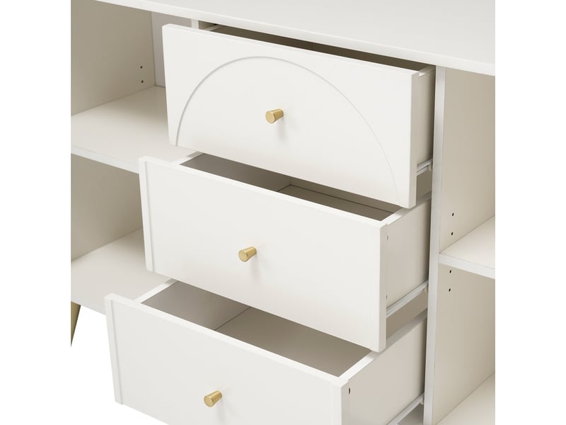  Commode à 3 tiroirs et 2 portes, 140 x 40 x 84 cm, façades arquées et étagères réglables, blanc crème  - Conforama E