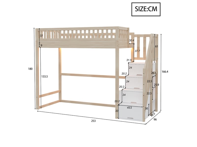 Lit mezzanine 90x200 cm avec escalier de rangement et led en bois coloris naturel - Conforama E