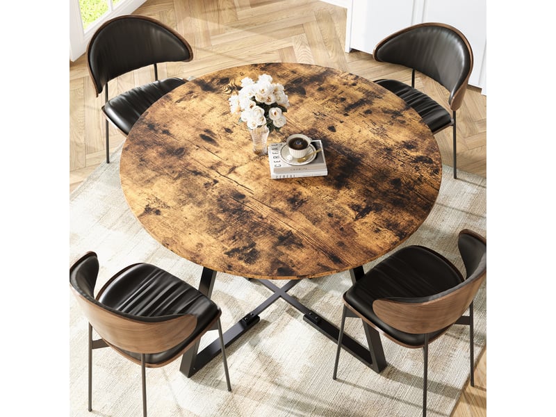 Table à manger ronde pour 6 personnes, table de cuisine style industriel avec plateau aspect bois et pied en métal, 120 x 75 cm - Conforama R