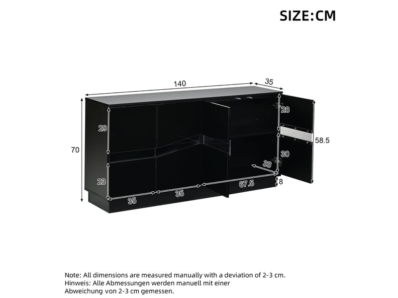  Buffet bas 140x35x70 cm avec éclairage led, 4 portes en panneau de particules couleur noir, moderne  - Conforama C