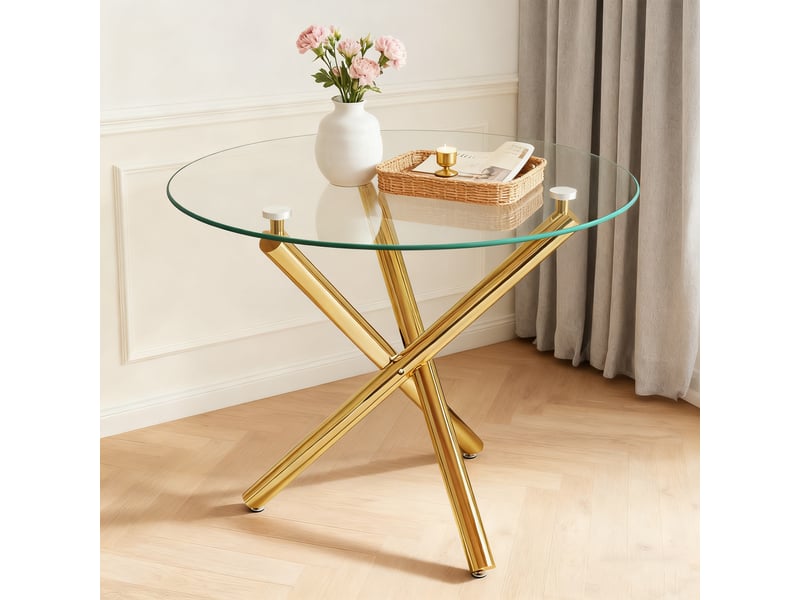  Table à manger ronde 2 à 4 places verre trempé - lpospi - piètement croisé, 80 × 80 × 76 cm, métal doré  - Conforama C