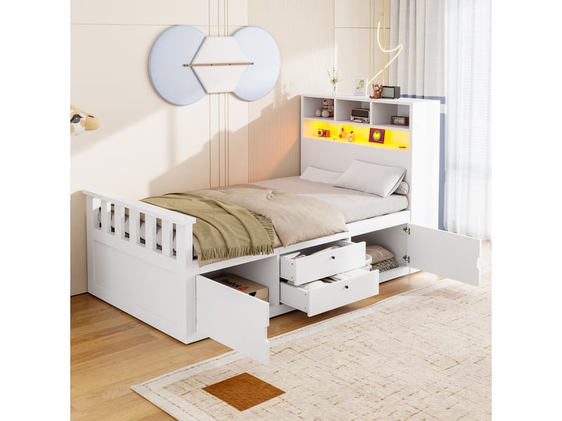  Lit en bois 90 × 200 cm – avec espaces de rangement – ​​inclut 2 tiroirs – équipé d’un ruban led et d’un port de chargement usb – blanc (matelas non inclus)  - Conforama D