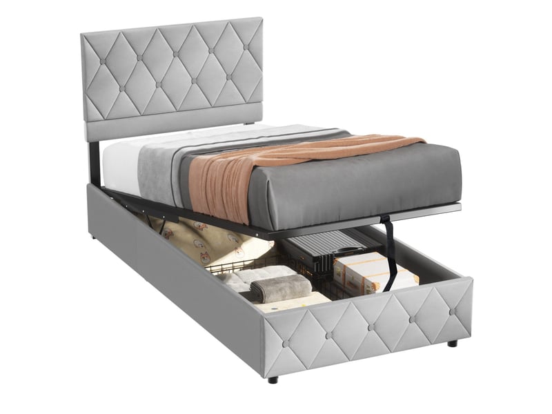  Lit coffre 90x200 cm avec sommier et tête de lit, velours, beige  - Conforama A