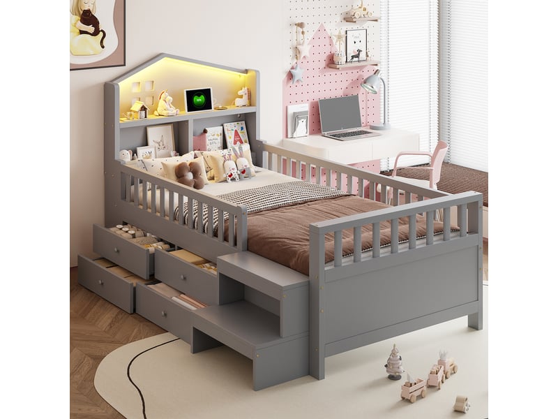  Lit avec rangement 90x200 cm coloris gris led bois massif lit enfant gris - Conforama B