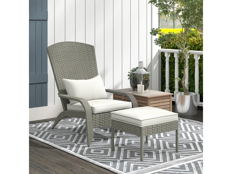  Chaise de jardin avec repose-pieds et coussins rembourrés, en rotin et acier, 64 x 82 x 89 cm, gris et crème  - Conforama C