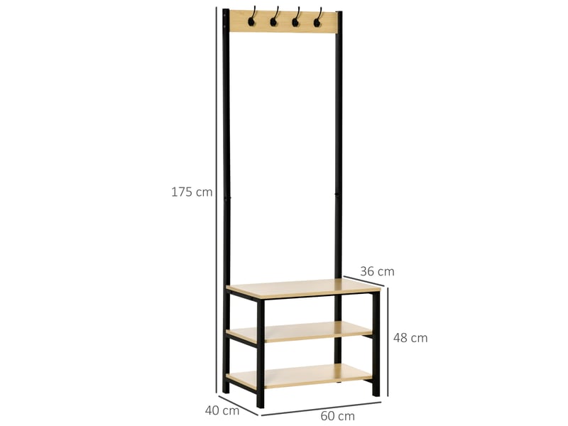  Porte-manteau métal avec rangement chaussures, 3 étagères, 4 crochets, 60×40×175 cm, noir naturel  - Conforama D