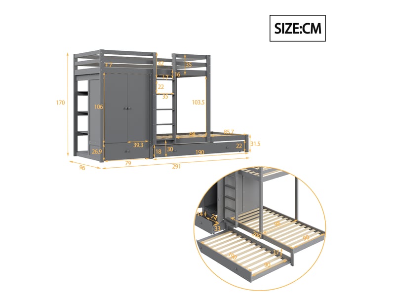  Lit superposé en bois massif 90x200 cm avec lit gigogne, lit enfant avec armoire, tiroirs et compartiment de rangement, gris  - Conforama D