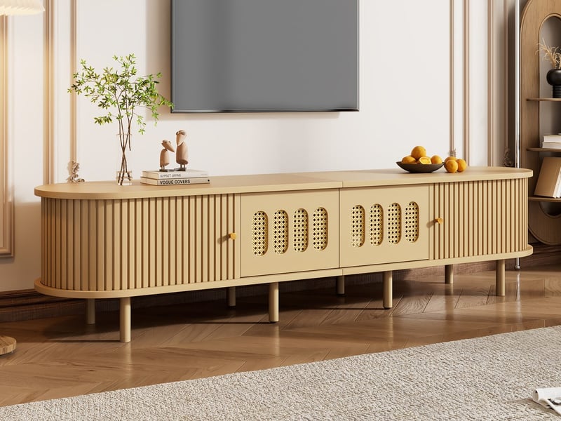  Meuble tv bas 180 cm, finition bois naturel, avec éclairage led  - Conforama B