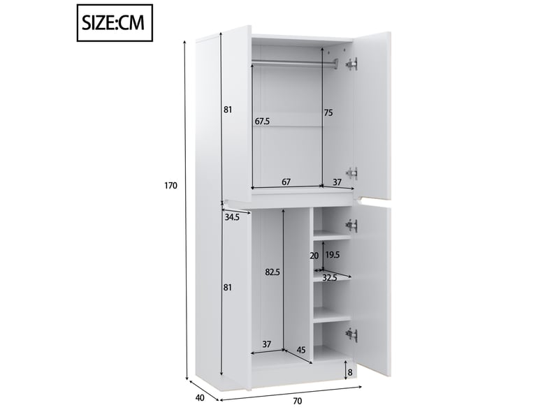  Armoire avec 2 portes, penderie et compartiments intérieurs de rangement pour chambre, en bois blanc, 70 × 40 × 170 cm  - Conforama D