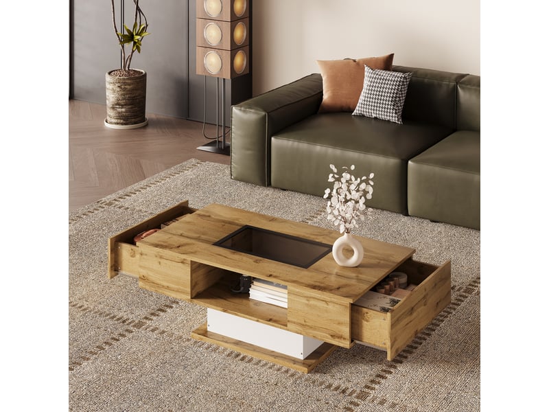Table basse contemporaine avec éclairage led multicolore, plateau en verre et 2 tiroirs – design moderne - Conforama D