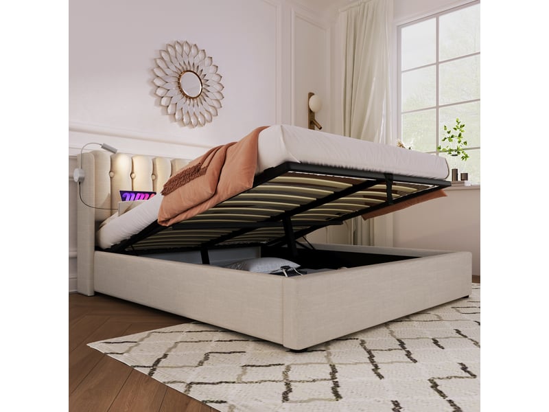  Lit 140x200 cm beige en lin avec led intégré, usb et rangement sous sommier  - Conforama B