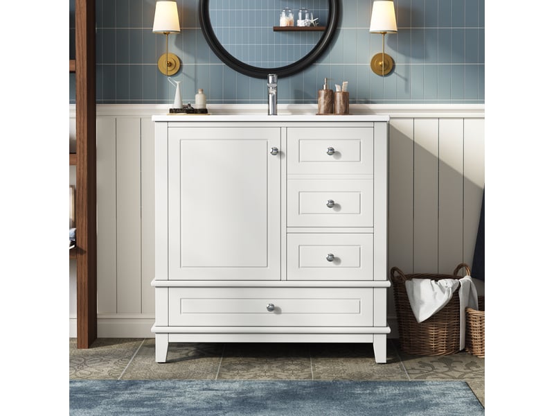  Meuble vasque blanc 81 cm avec 3 tiroirs, porte, étagères et grand rangement  - Conforama B