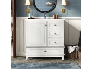 Meuble vasque blanc 81 cm avec 3 tiroirs, porte, étagères et grand rangement