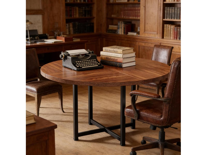  Table à manger ronde 120 cm – noir et brun – style industriel, structure en métal et plateau en bois  - Conforama B