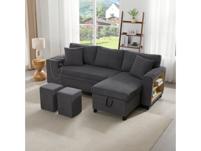  Canapé d'angle convertible 3-4 places 231x131,5x84 cm avec coffre, usb et usb-c, étagère, 2 coussins, velours côtelé gris foncé  - Conforama B