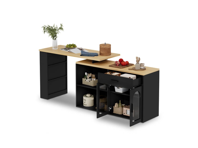  Îlot de cuisine fixe avec plateau pivotant à 360 degrés, 2 portes vitrées, tiroir et étagères, 136 × 50 × 78 cm  - Conforama A