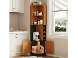 Meuble d'angle à vin modenvie 40 x 40 x 182 cm avec porte-verres, rangement ouvert et placard fermé, mdf naturel