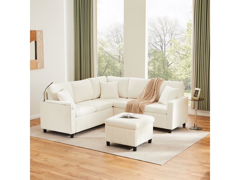  Canapé d'angle, canapé convertible – en chenille, porte-gobelets, port usb, 205×205×85cm, beige, avec pouf  - Conforama C